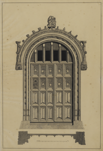 216371 Plattegrond en opstand van de deur van de sacristie in de Domkerk te Utrecht.